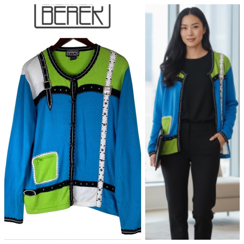 Berek XL 14 16 Cardigan Sweater Embellished Colorblock Green Blue